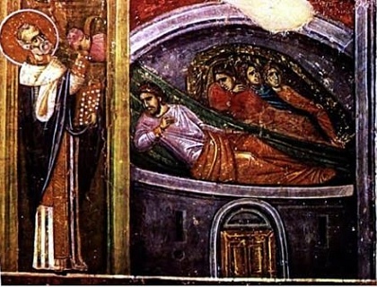 Εικόνα 1 Η ευεργεσία των τριών παρθένων.  Τοιχογραφία του 14ου αιώνα από τον ΙΝ Αγίου Νικολάου Ορφανού στη Θεσσαλονίκη (Πηγή: https://www.hartismag.gr/hartis-24/diereynhseis/to-krasi-toy-agioy-nikolaoy)