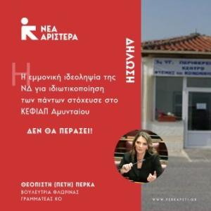 Πέτη Πέρκα: «Η εμμονική ιδεοληψία της ΝΔ για ιδιωτικοποίηση εχει ως θυμα το ΚΕΦΙΑΠ Αμυνταίου»