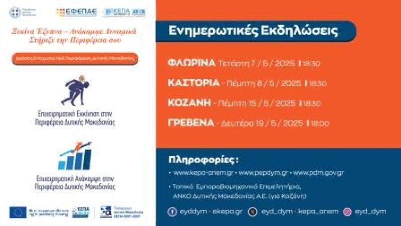 Εκδηλώσεις για τις Δράσεις “Επιχειρηματική Εκκίνηση” και “Επιχειρηματική Ανάκαμψη” του Προγράμματος ΕΣΠΑ «Δυτική Μακεδονία» 2021-2027
